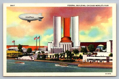 Postcard IL Chicago Century of Progress World's Fair Federal Bldg Blimp M474