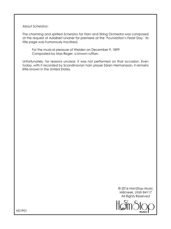 Max Reger Scherzino, sheet music, french horn, advanced, intermediate solo, - Image 2 of 3