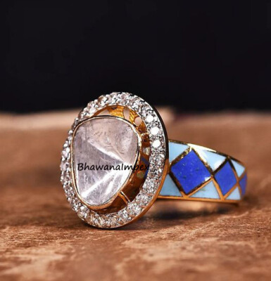 Natural Rose Cut Diamond Polki Rings Jewelry Sterling Silver & Enamel Jewelry