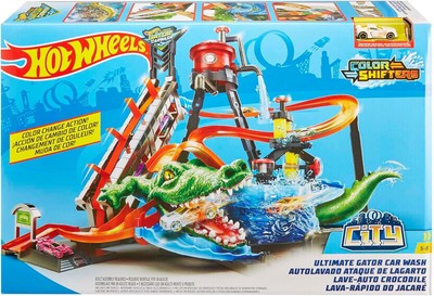 Hot Wheels FTB67 Autowaschanlage mit Krokodil als Autorennbahn Farbwechseleffekt