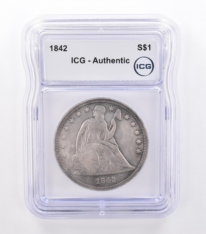 1842 Seated Liberty Silver Dollar Authentic ICG Beautiful Tone a9209