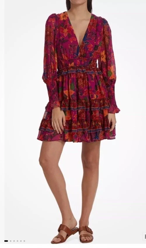 Farm Rio X Small Dress Tropical Floral Bright Tiered Pink LS Boho Ruffle Cruise - Image 3 of 4
