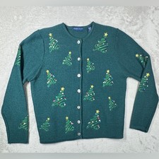 Vintage Karen Scott 100 Wool Green Embroidered Christmas Button Cardigan MP