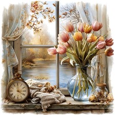 Wandbild Tulpen Blumen Fenster Landschaft Deko Bild Frühling Wanddeko Wandfliese