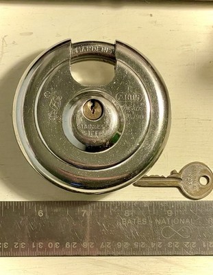 HUGE Abus Diskus Model 24/90 Vintage Stainless Steel Padlock W/key