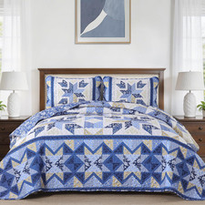 Patchwork Quilts California King Size  Reversible Blue Floral Quilt Bedding Set,V