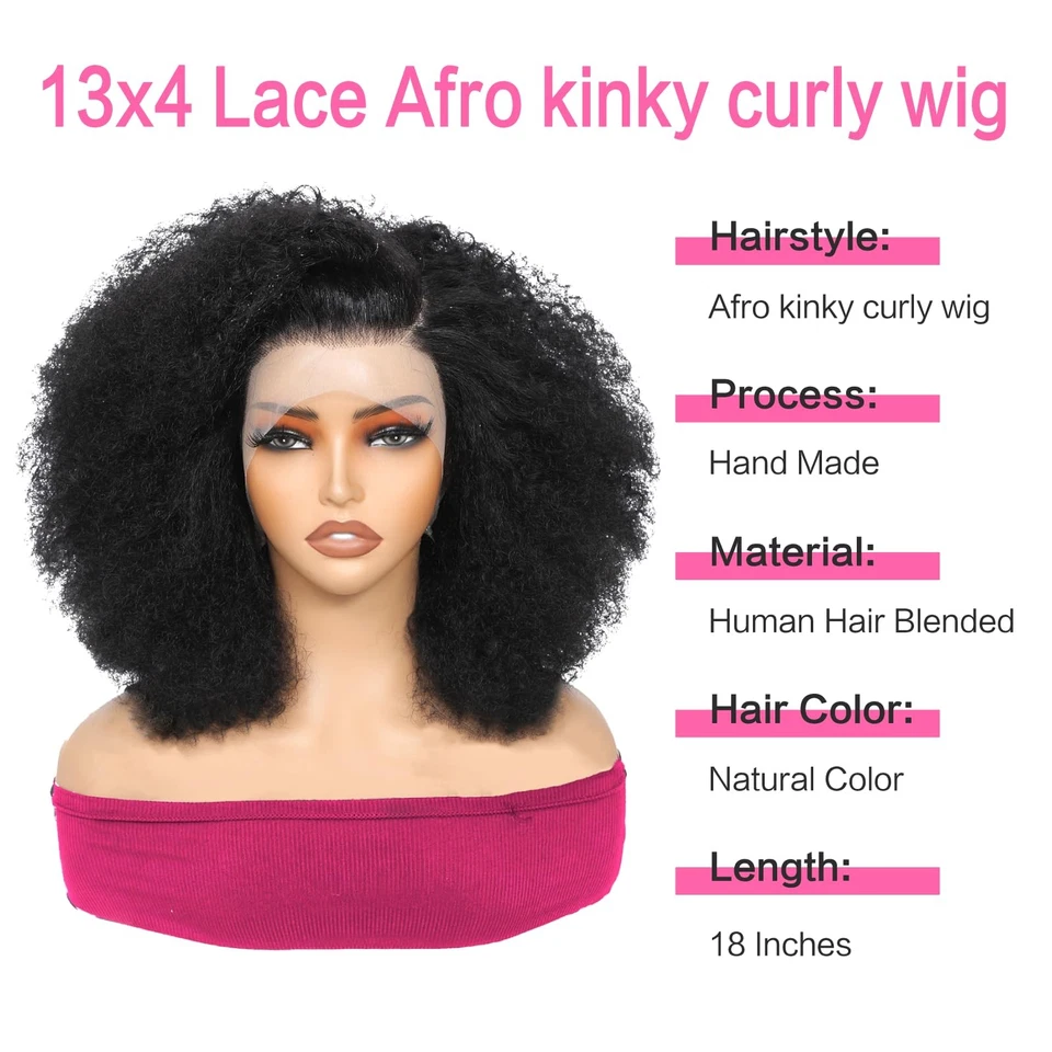Peluca rizada afro rizada 13x4 pelucas delanteras de encaje 180% densidad cabello humano mezclado kin... Foto 2 de 4