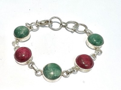 925 Silber Rubin Smaragd Cabochon Armband, 17+4 cm, 17,6 g, B445