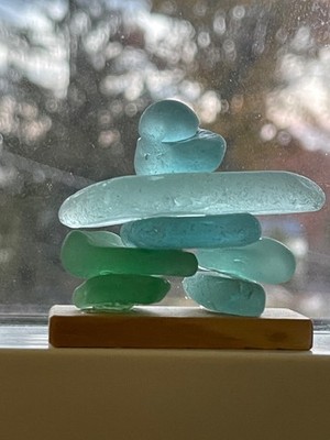 Sea Glass Inukshuk sculpture Seaglass art work sun catcher Tai Chi inspired