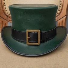 Green Leather Top Hat Steampunk Gothic Victorian Costume Hat Brass Buckle Band