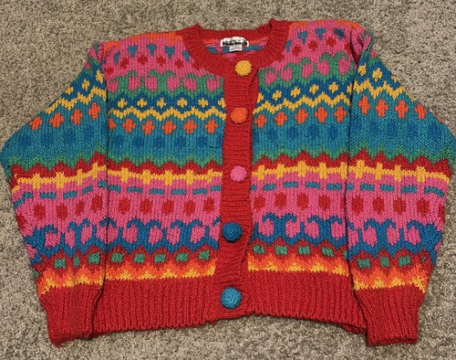 Vintage 80s Multicolor Patterned Acrylic Knit Contrasts Brand Cardigan Medium