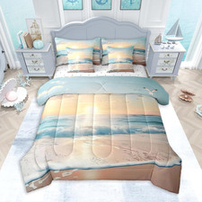 Beach Comforter Set 7 Pieces Queen Size Sunset Ocean Sea Seagull Bedding Set for