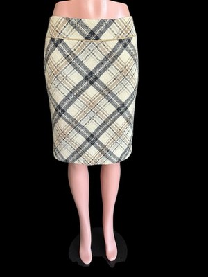 Ann Taylor Loft Plaid Wool Blend Skirt Women s 8P Beige Black Straight Career