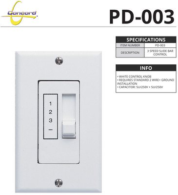 UNIVERSAL WHITE 3-SPEED CEILING FAN CONTROL WALL UNIT WITH SLIDE BAR PD-003-WH