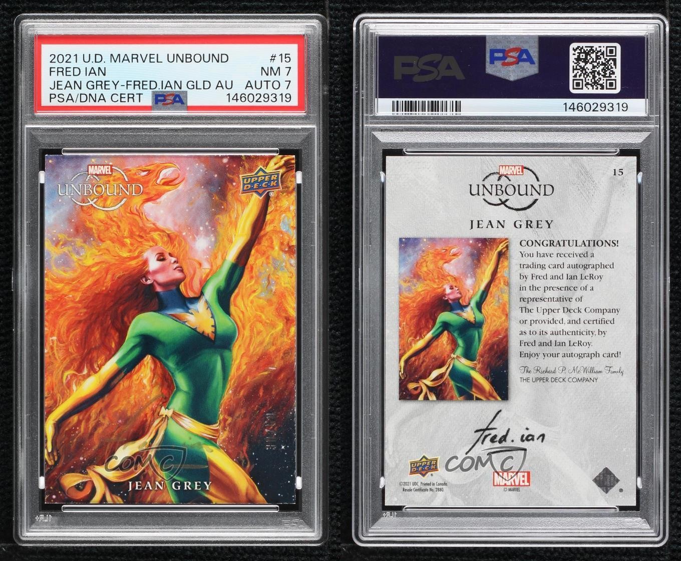 2021 Upper Deck Marvel Unbound Gold Auto 38/50 Jean Grey #15 PSA 7 view 3