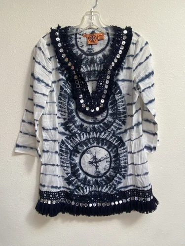 Tory Burch pullover tunica top blusa blu navy bianco paillettes taglia 2 frange tinta unita