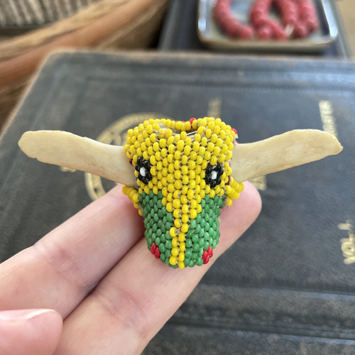 1940s Zuni Native American Beaded Steer Head with Horns Bolo Slide