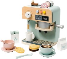 Kids Coffee Maker Playset, 23PCS Wooden Kitchen Toys, Play Kitchen Accessories f