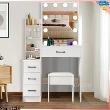 Bedroom Vanity Table Set Makeup Desk with Storage Shelve Lighted Mirror Dressing