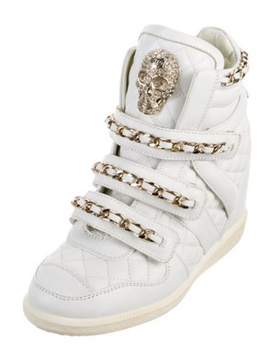 Philipp Plein White Leather High-Top Wedge Crystal &Chains Sneakers 6 IT 36 Good