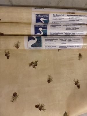 3 Vtg Rolls Of Chesapeake Cream With Pinecones on Easy Walls Wallpaper 56 Sq Ft