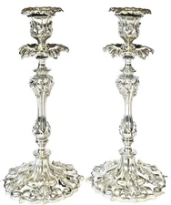 Antique 12" Silverplate Acanthus Leaf Candlesticks with Drip Plates and Bobeche