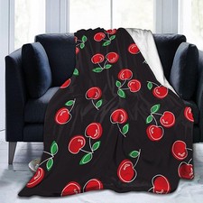 Red Cherry Black Cozy Flannel Throw Blanket Travel Bedroom Decor Fits 50x40 In