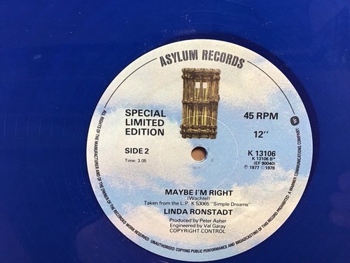 Linda Ronstadt Blue Bayou Blue Vinyl 12" Single EX+/EX+ - Picture 6 of 6