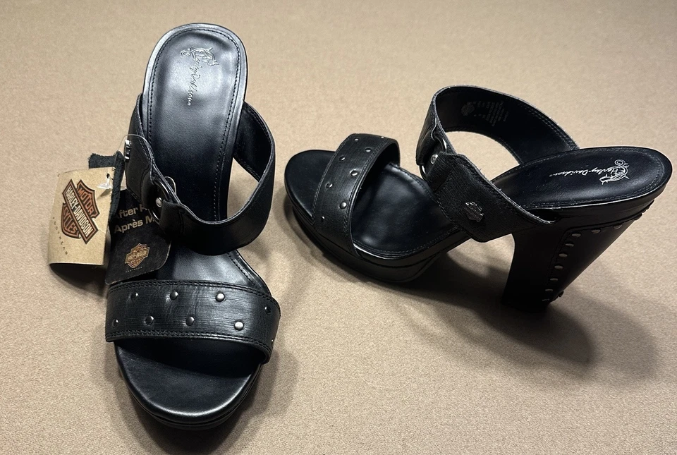 Harley-Davidson Black Leather Studded Slide Heels Women’s Sz 8 New! - Image 2 of 4