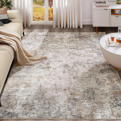 9X12 Area Rug Living Room Rugs - Washable Neutral Modern Abstract Soft Thin Larg