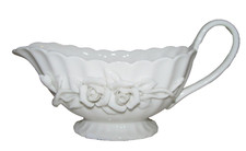 NEW GRACE TEAWARE 3-D ROSE VICTORIAN STYLE WHITE PORCELAIN GRAVY BOAT,PITCHER