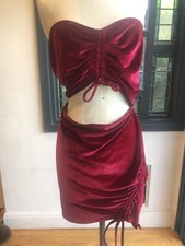 SIZE 16 STRAPLESS STRETCH RED VELVET CUT OUT MINI DRESS TUMMY REVEAL DRAWSTRING