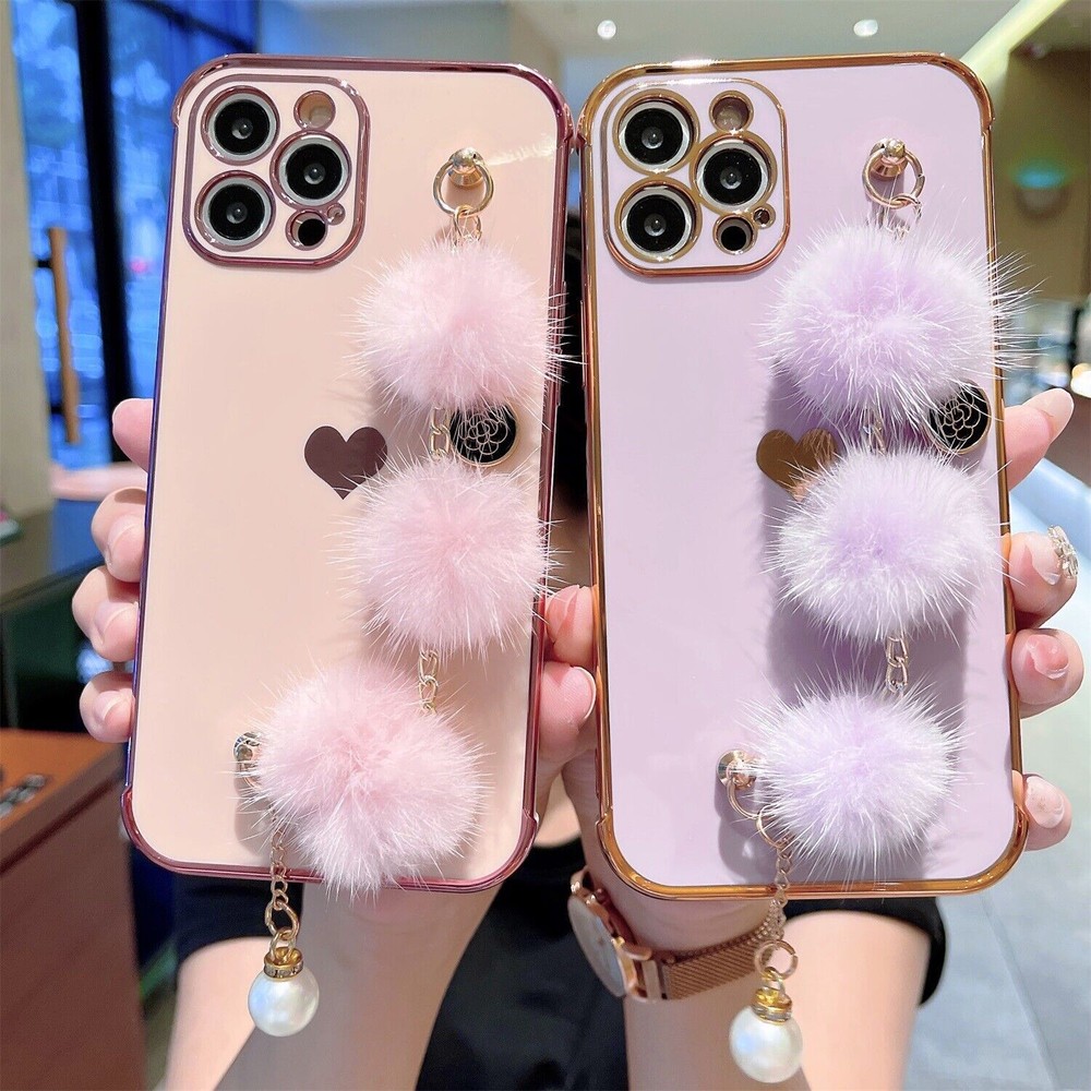Girly Cute Heart Case Plush Bracelet Cover For iPhone 15 14 Pro Max 13 12 11