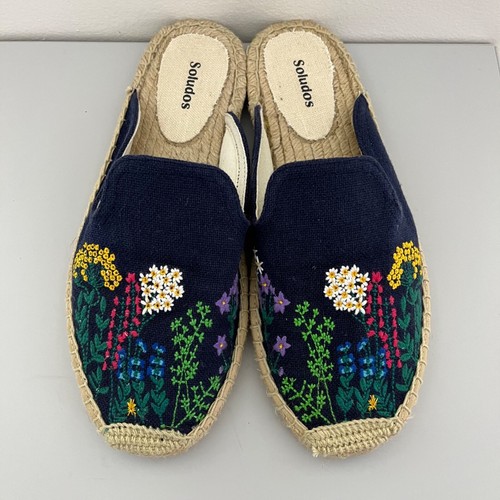 Soludos || Wildflower Embroidered Espadrille Slip On Mules Floral Navy Blue 8.5