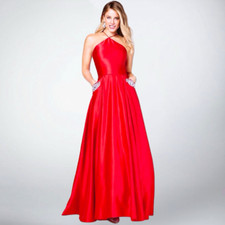 Blondie Nites Red Satin Halter  Pockets Prom Dress Gown Sz 11