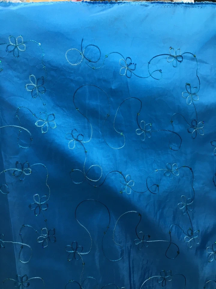 BLUE FLORAL SEQUINS EMBROIDERY TAFFETA FABRIC (60 in.) Sold By The Yard - Image 3 of 4