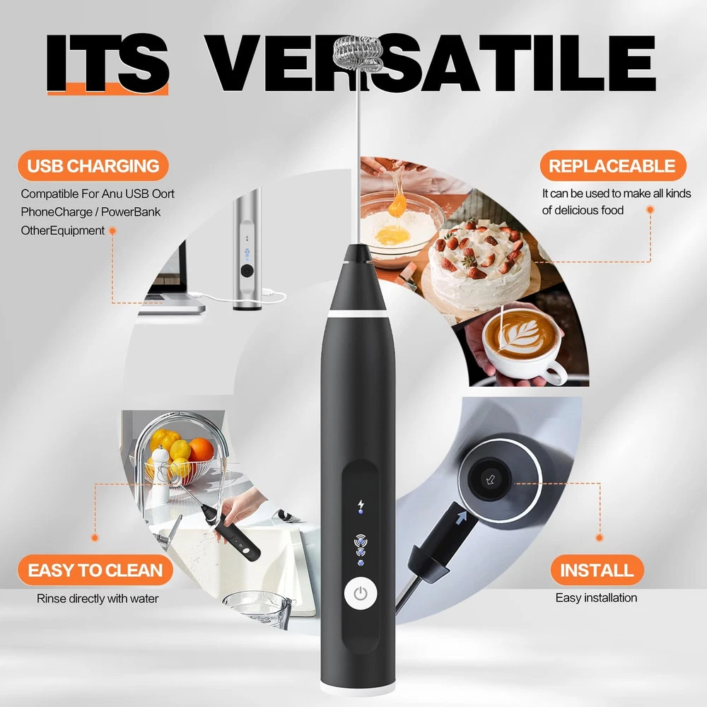 Milk Frother Rechargeable Handheld Electric Whisk Coffee Frother Mixer with 2...