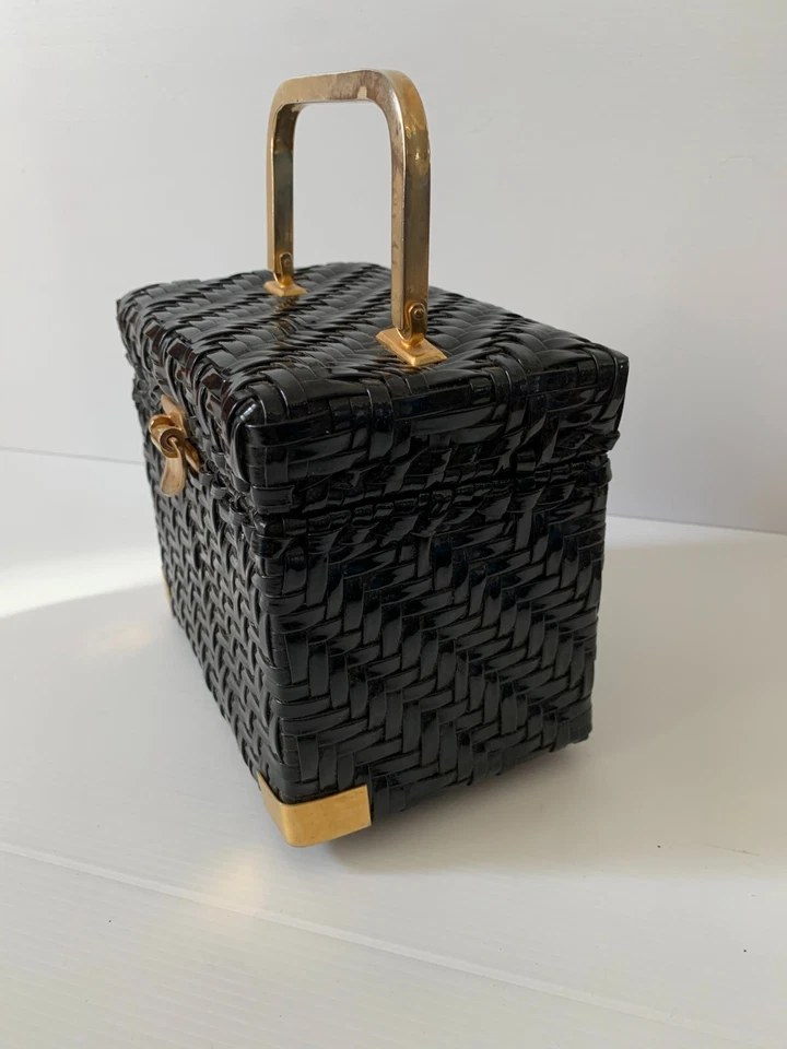 Marchioness structured woven grab clutch bag VGC box black gold rattan vintage - Image 3 of 4