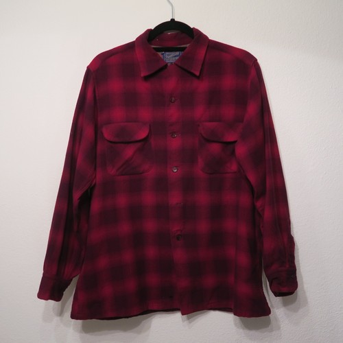 60-70's Pendleton Red Plaid Virgin Wool Board Shirt Mens Large USA Vintage Loop