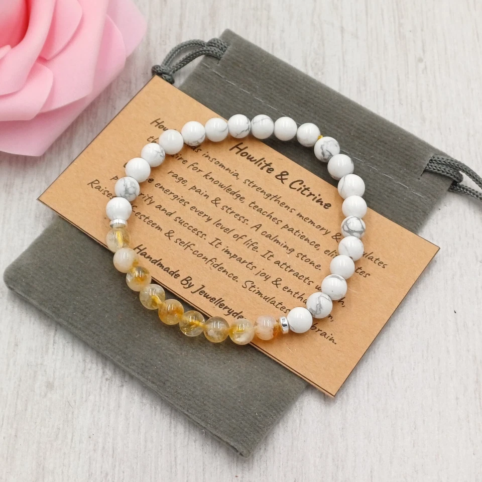 Pulsera elástica de piedras preciosas curativas de cristal hecha a mano CITRINO Y HOWLITA 6/8 mm. Foto 4 de 4