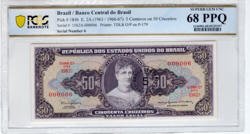 Serial #6! Brazil 1963 5 Cent on 50 Cruzeiros PCGS UNC 68 PPQ 184b Serial #6 !! - Picture 1 of 2