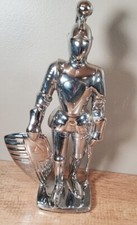 Medieval Knight In Suit of Armor Statue With Shield 9 Inches Chrome Color Figure