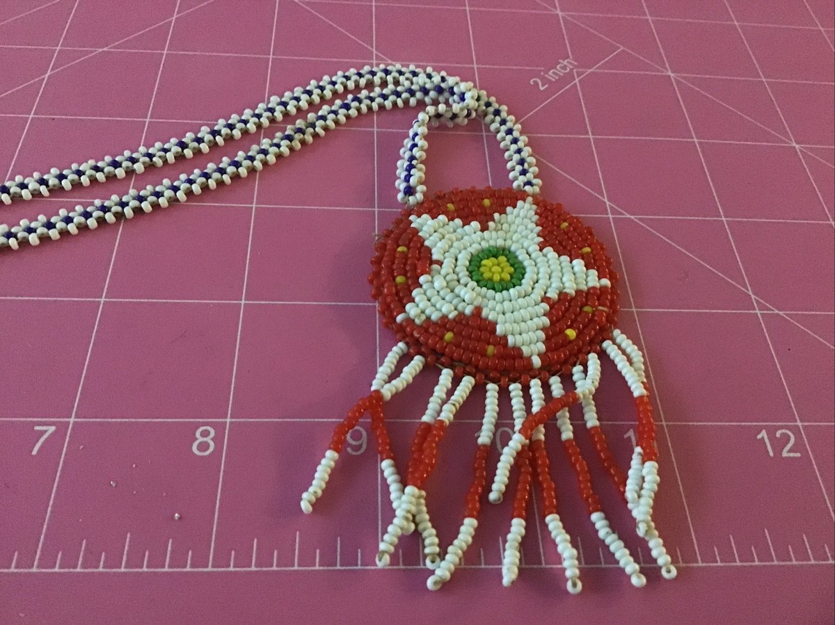 Native American Seed Bead Beaded Necklace Medallion Vintage Star Dream Catcher