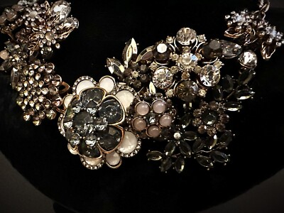 Gray, Opal Dusty Pink, Hematite Flower Exquisite Rhinestone Statement Necklace