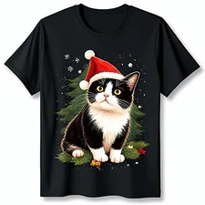 Festive Black Cat in Santa Hat Graphic Tee Christmas Tree Design