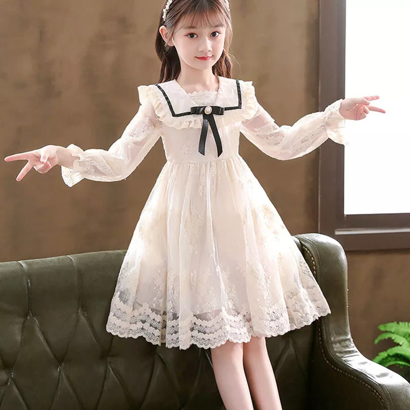 Kids Girls Lace Dress Embroidered Long Sleeve Bow Ruffle Wedding