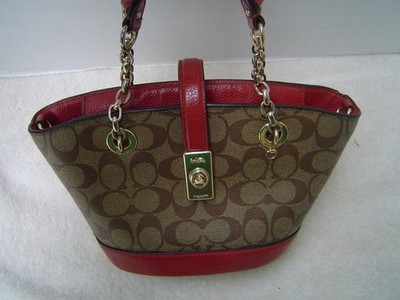 AUTHENTIC COACH KHAKI SIGNAUTRE SMALL LANE BUCKET BAG #C8597  FAIR   SMOKE ODOR!