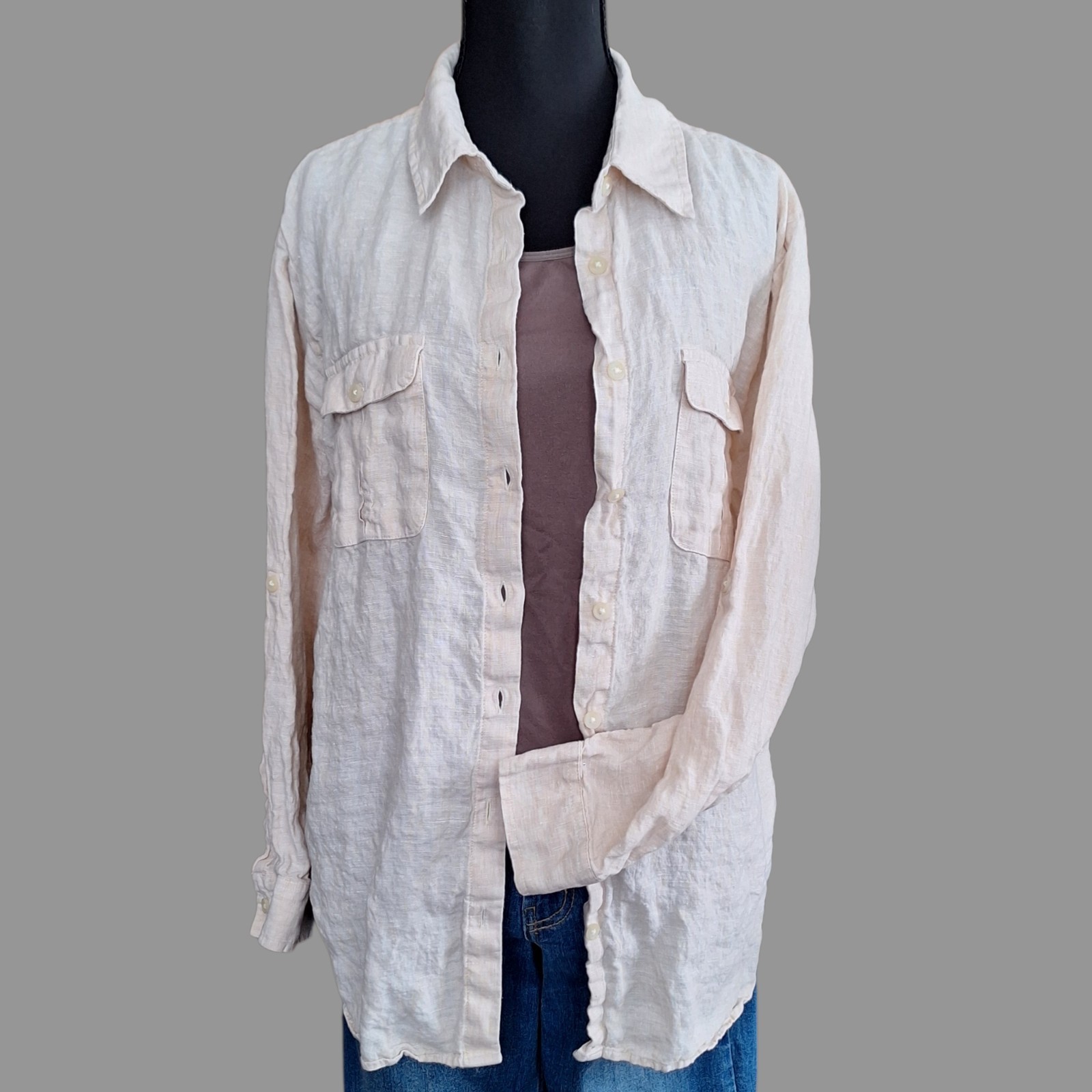 Lands' End Women's Linen Tan Long Sleeve Button Up Shirt Size Medium Petite