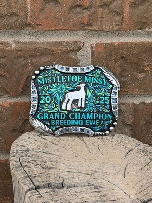 Cowboy Trophy Rodeo Style Belt Buckle with grand champion breeding ewe