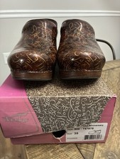 Dansko Women 9 EU 39 Brown/Gold Script Leather Slip-On Comfort Clogs